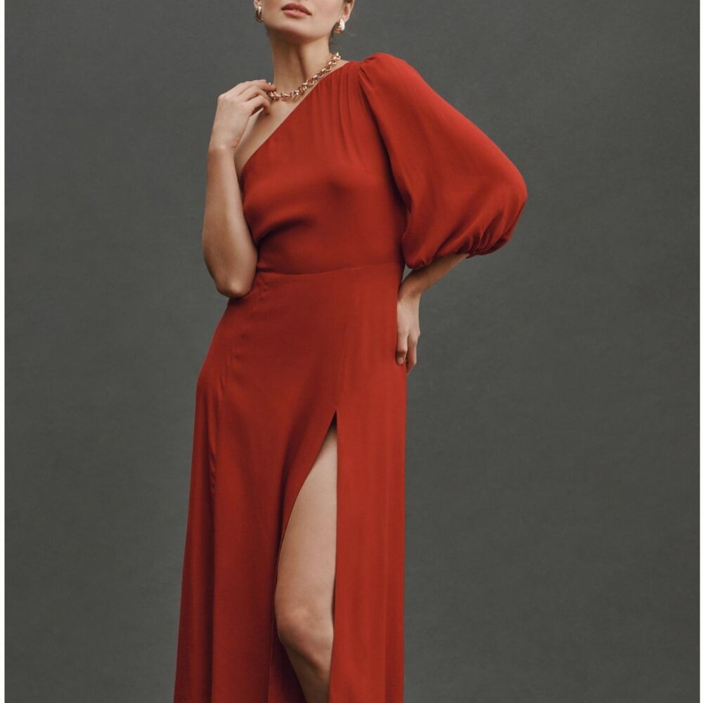 Reformation One-Shoulder Red Midi Dress with Statement Puff Sleeve